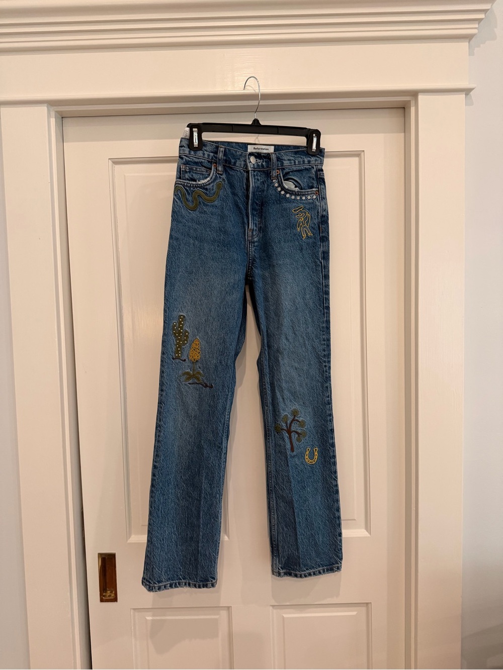 Reformation Embroidered Blue Straight-Leg jeans